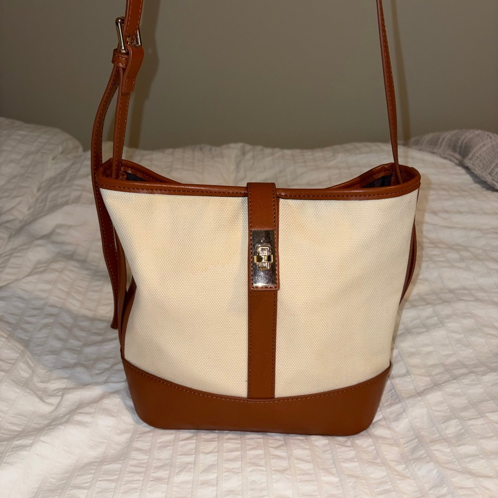 Crossbody Bag Womens Medium Brown Cream Canvas Faux Leather Turnlock